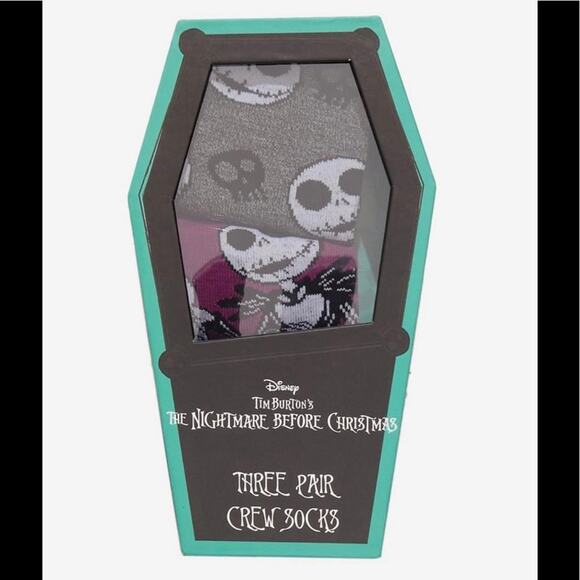 3 pack of The Nightmare Before Christmas crew socks in coffin shaped box - Picture 1 of 7